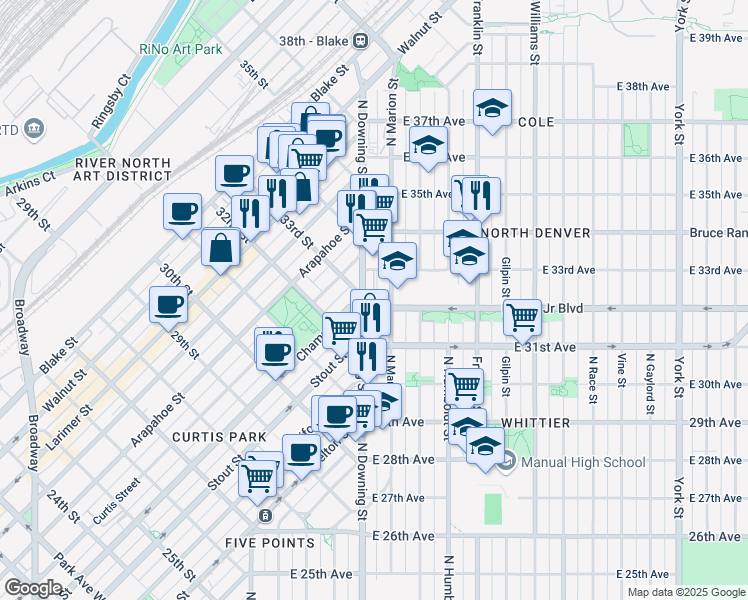 map of restaurants, bars, coffee shops, grocery stores, and more near 3280 North Downing Street in Denver