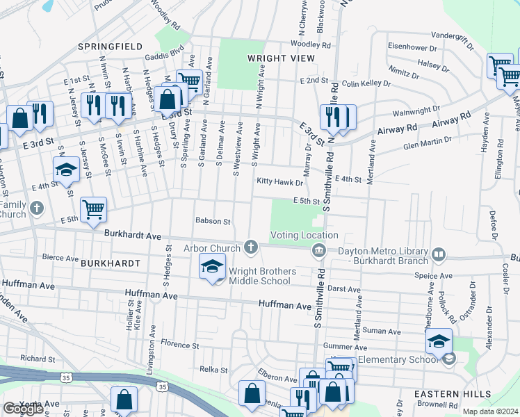 map of restaurants, bars, coffee shops, grocery stores, and more near 200 South Wright Avenue in Dayton