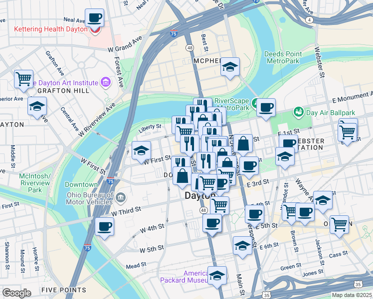 map of restaurants, bars, coffee shops, grocery stores, and more near 114 West First Street in Dayton