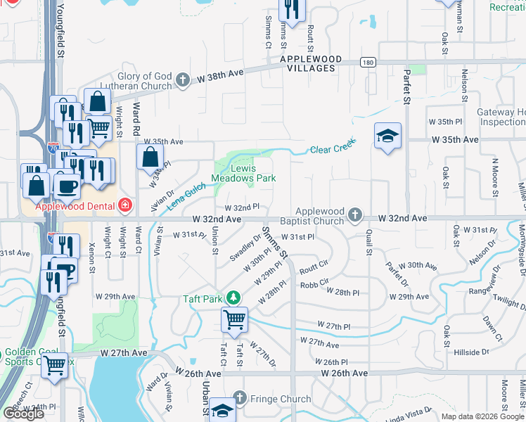 map of restaurants, bars, coffee shops, grocery stores, and more near 11760 West 32nd Avenue in Wheat Ridge