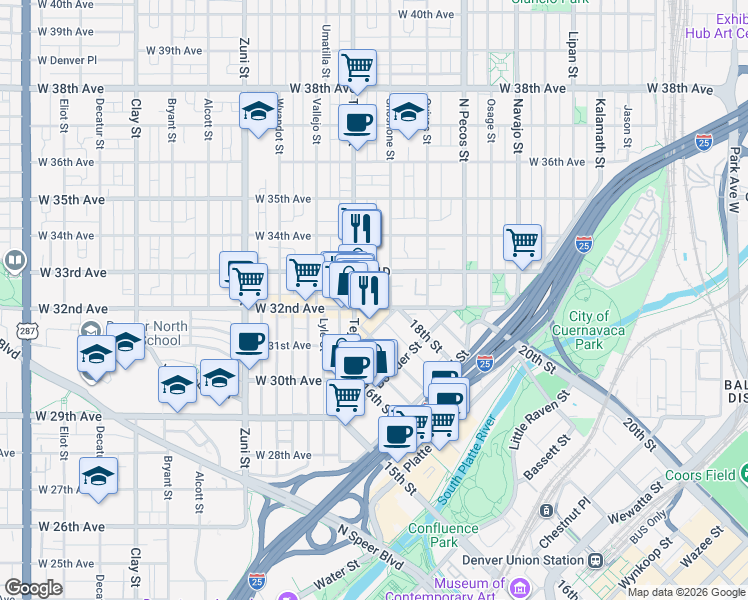 map of restaurants, bars, coffee shops, grocery stores, and more near 1925 West 32nd Avenue in Denver