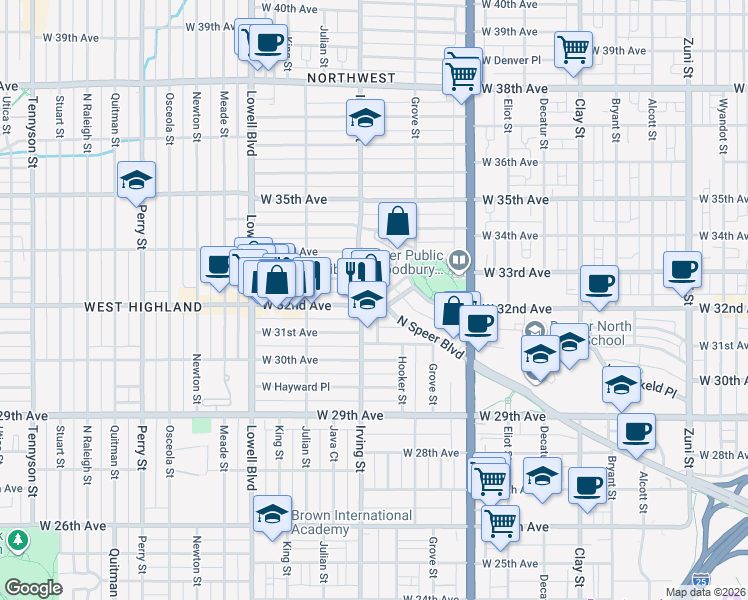 map of restaurants, bars, coffee shops, grocery stores, and more near 3300 West 32nd Avenue in Denver