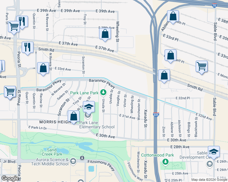 map of restaurants, bars, coffee shops, grocery stores, and more near 3190 Uvalda Street in Aurora
