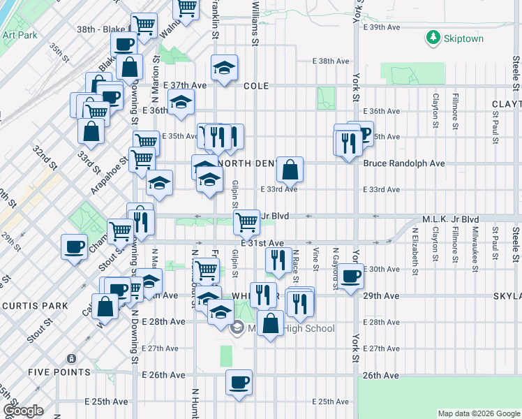 map of restaurants, bars, coffee shops, grocery stores, and more near 1815 Martin Luther King Junior Boulevard in Denver