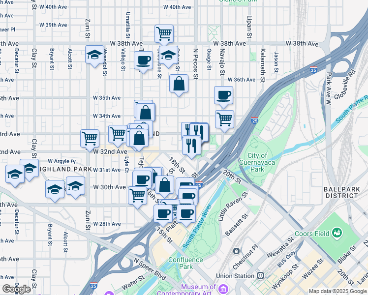 map of restaurants, bars, coffee shops, grocery stores, and more near 1756 West 32nd Avenue in Denver