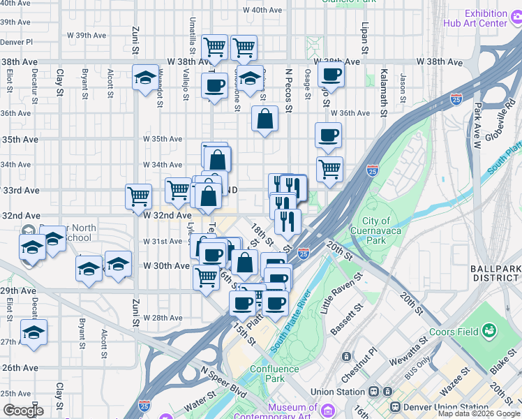 map of restaurants, bars, coffee shops, grocery stores, and more near 1756 West 32nd Avenue in Denver