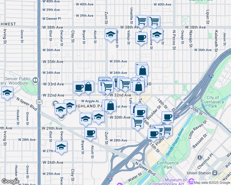 map of restaurants, bars, coffee shops, grocery stores, and more near 3161 Wyandot Street in Denver