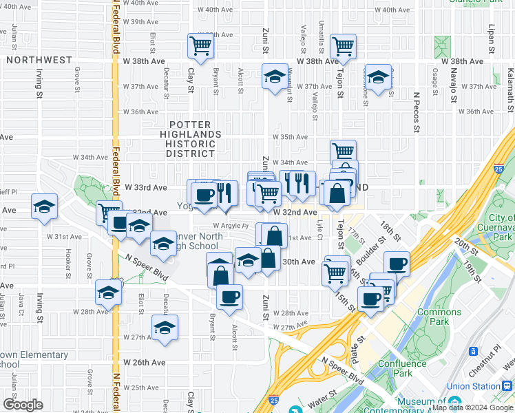 map of restaurants, bars, coffee shops, grocery stores, and more near in Denver
