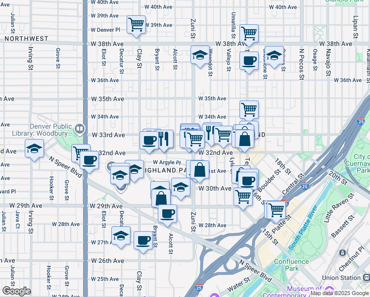 map of restaurants, bars, coffee shops, grocery stores, and more near in Denver