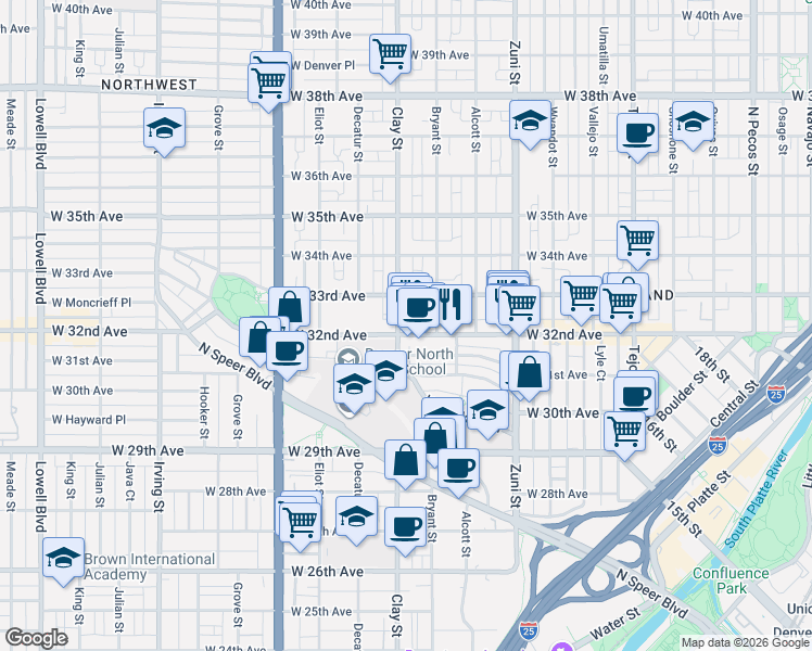 map of restaurants, bars, coffee shops, grocery stores, and more near 2620 West 32nd Avenue in Denver