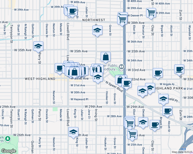 map of restaurants, bars, coffee shops, grocery stores, and more near 3300 West 32nd Avenue in Denver