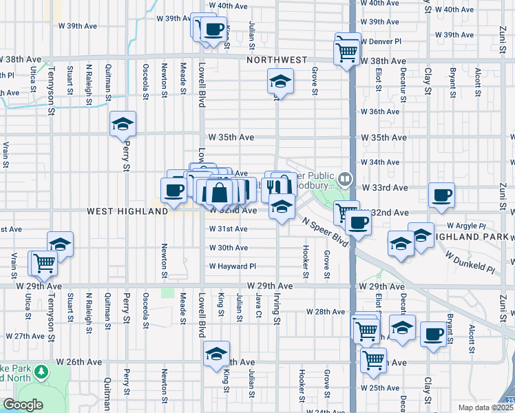 map of restaurants, bars, coffee shops, grocery stores, and more near 3366 West 32nd Avenue in Denver