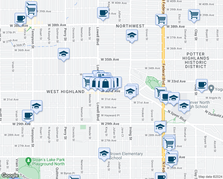 map of restaurants, bars, coffee shops, grocery stores, and more near 3424 West 32nd Avenue in Denver