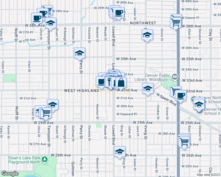 map of restaurants, bars, coffee shops, grocery stores, and more near in Denver