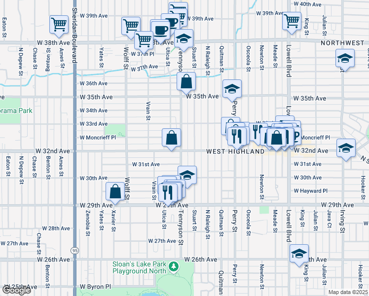 map of restaurants, bars, coffee shops, grocery stores, and more near in Denver