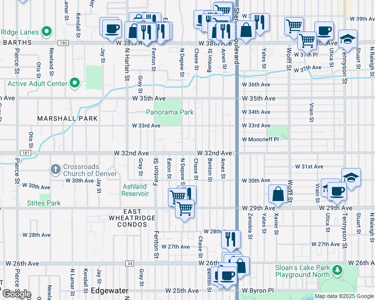 map of restaurants, bars, coffee shops, grocery stores, and more near 3195 Chase Street in Wheat Ridge