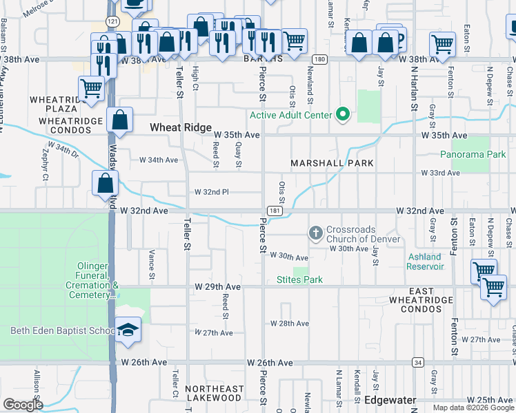 map of restaurants, bars, coffee shops, grocery stores, and more near in Wheat Ridge