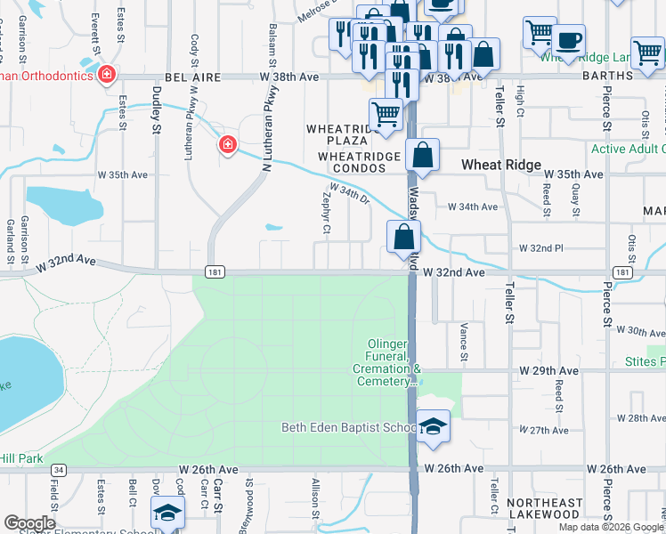 map of restaurants, bars, coffee shops, grocery stores, and more near 3210 Zephyr Court in Wheat Ridge