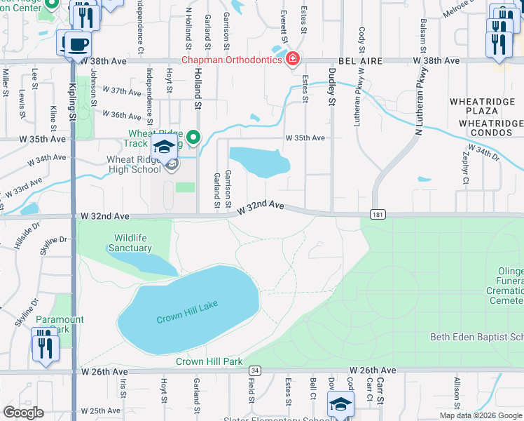 map of restaurants, bars, coffee shops, grocery stores, and more near 8940 West 32nd Avenue in Wheat Ridge