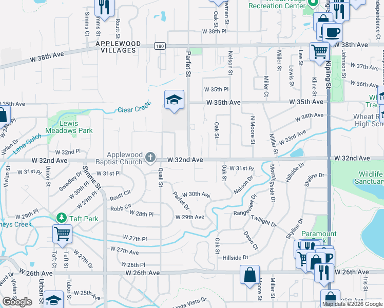 map of restaurants, bars, coffee shops, grocery stores, and more near 3205 Parfet Street in Wheat Ridge