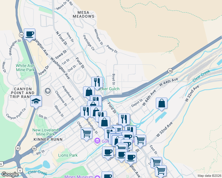 map of restaurants, bars, coffee shops, grocery stores, and more near 585 East Street in Golden