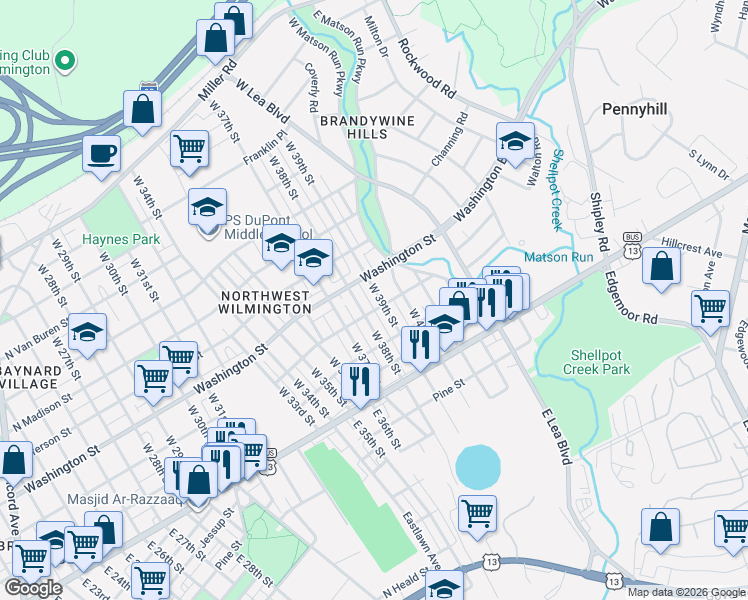 map of restaurants, bars, coffee shops, grocery stores, and more near 206 West 38th Street in Wilmington