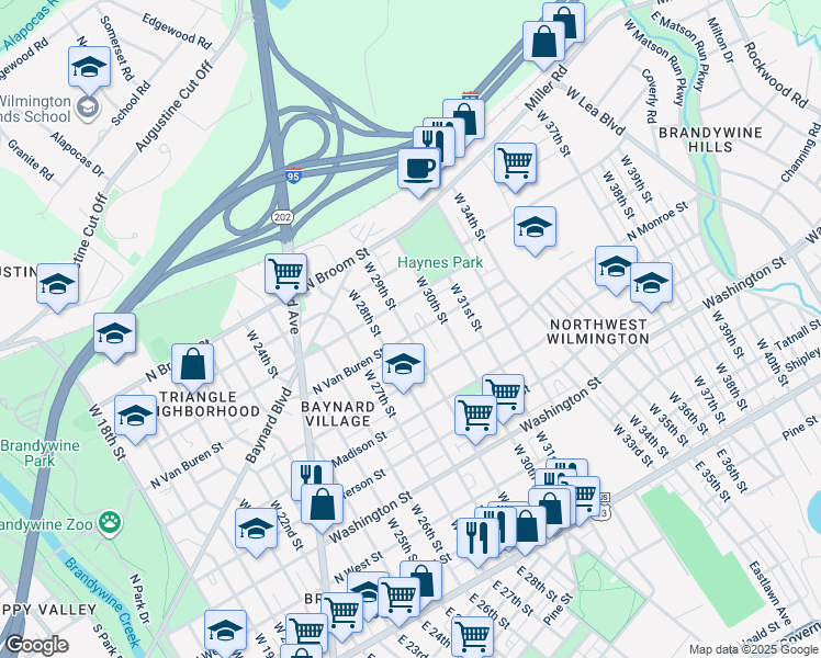 map of restaurants, bars, coffee shops, grocery stores, and more near 2801 North Van Buren Street in Wilmington