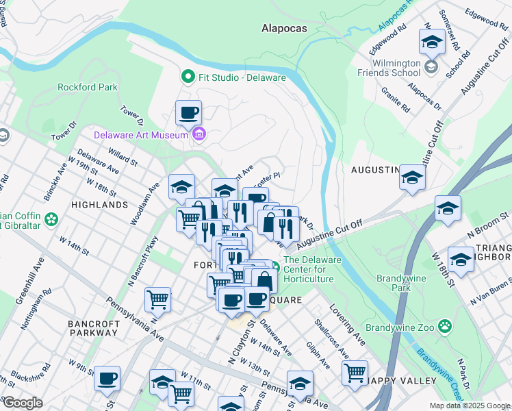 map of restaurants, bars, coffee shops, grocery stores, and more near 12 Academy Place in Wilmington