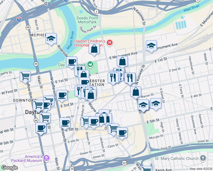 map of restaurants, bars, coffee shops, grocery stores, and more near 509 North Ford Street in Dayton
