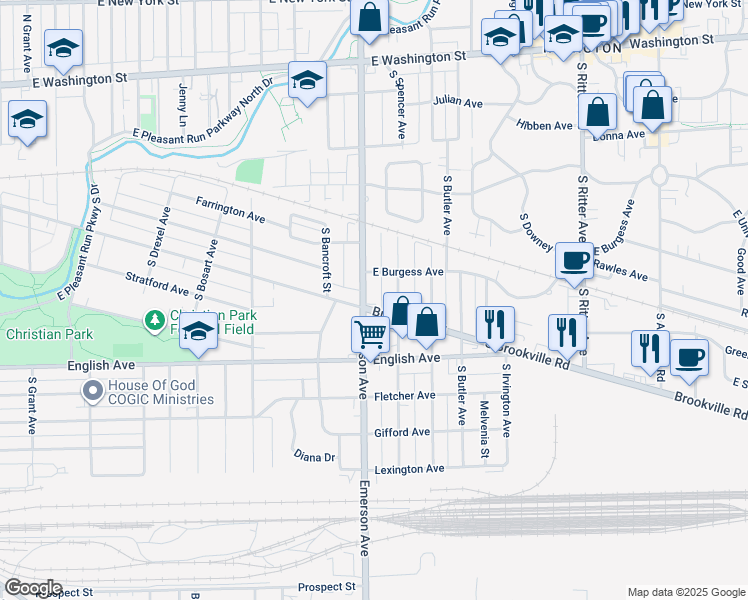 map of restaurants, bars, coffee shops, grocery stores, and more near 369 South Grand Avenue in Indianapolis