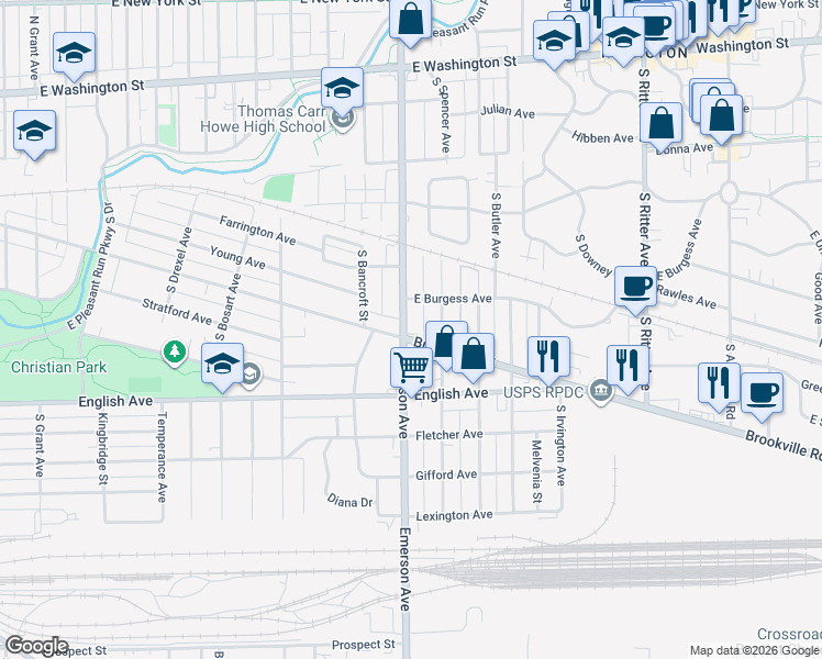 map of restaurants, bars, coffee shops, grocery stores, and more near 369 South Grand Avenue in Indianapolis