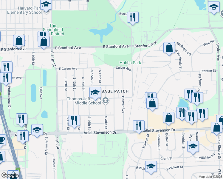 map of restaurants, bars, coffee shops, grocery stores, and more near 2900-3026 S Allis St in Springfield