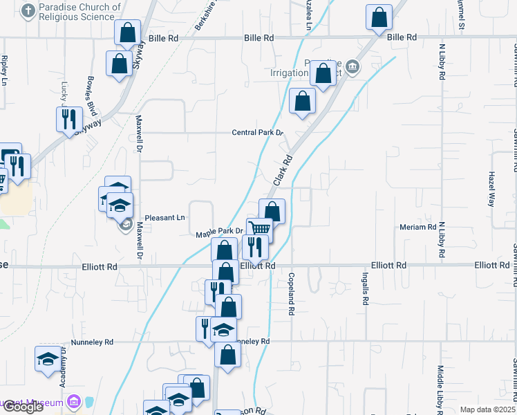 map of restaurants, bars, coffee shops, grocery stores, and more near 6099 Clark Road in Paradise