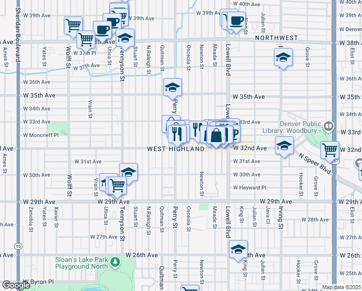 map of restaurants, bars, coffee shops, grocery stores, and more near 3940 West 32nd Avenue in Denver