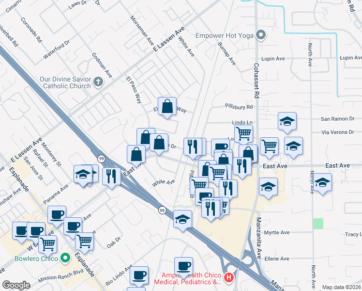 map of restaurants, bars, coffee shops, grocery stores, and more near 587 El Reno Drive in Chico