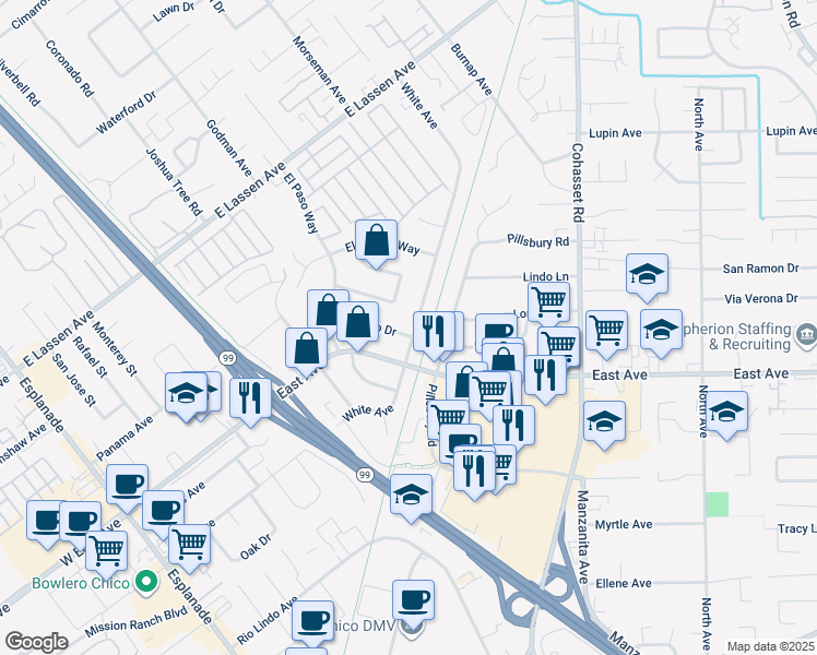 map of restaurants, bars, coffee shops, grocery stores, and more near 598 El Reno Drive in Chico