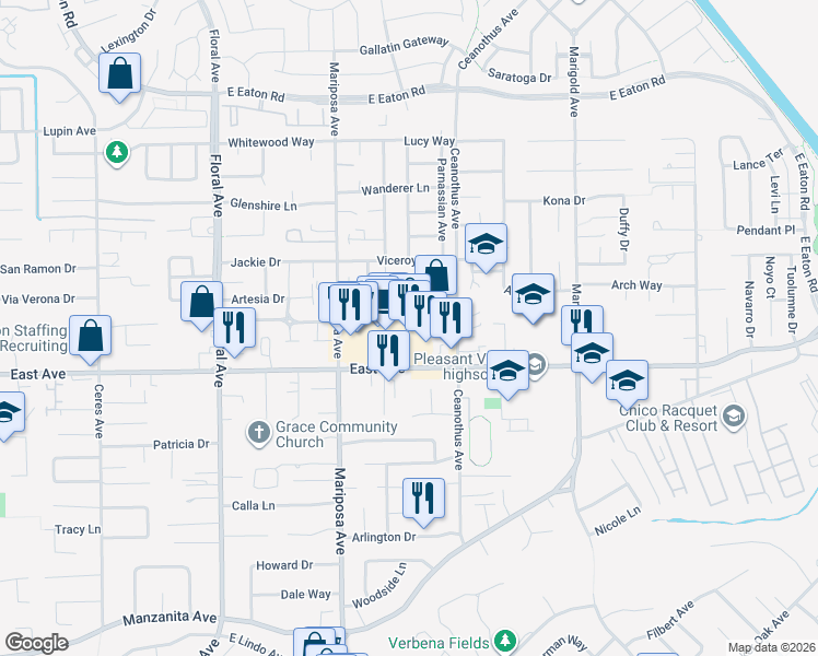 map of restaurants, bars, coffee shops, grocery stores, and more near 1380 East Avenue in Chico