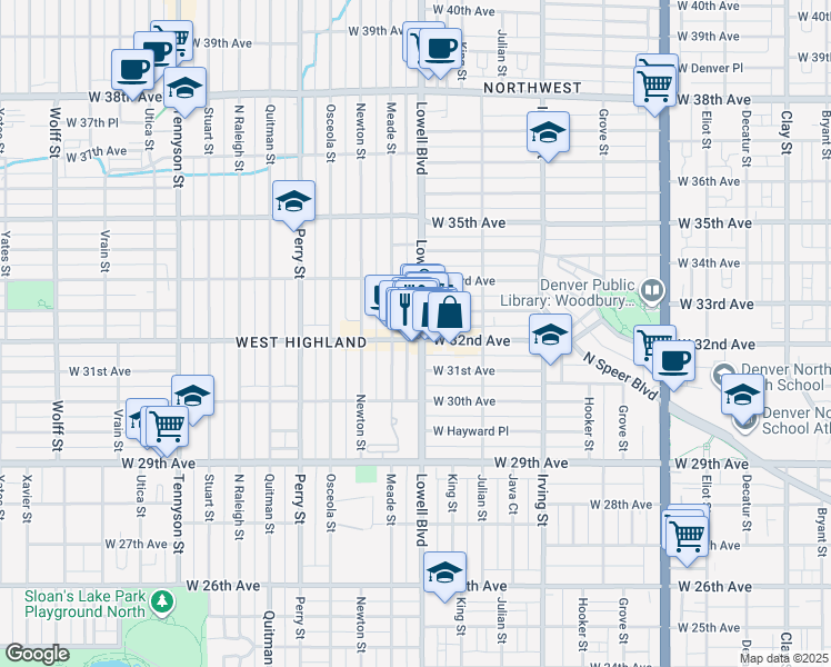 map of restaurants, bars, coffee shops, grocery stores, and more near in Denver