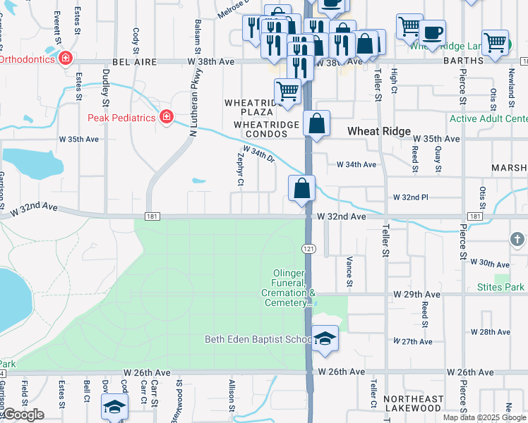 map of restaurants, bars, coffee shops, grocery stores, and more near 3201 Yarrow Street in Wheat Ridge