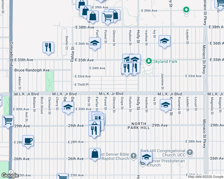 map of restaurants, bars, coffee shops, grocery stores, and more near 3211 Glencoe Street in Denver