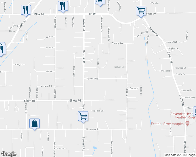 map of restaurants, bars, coffee shops, grocery stores, and more near 1565 Sylvan Way in Paradise