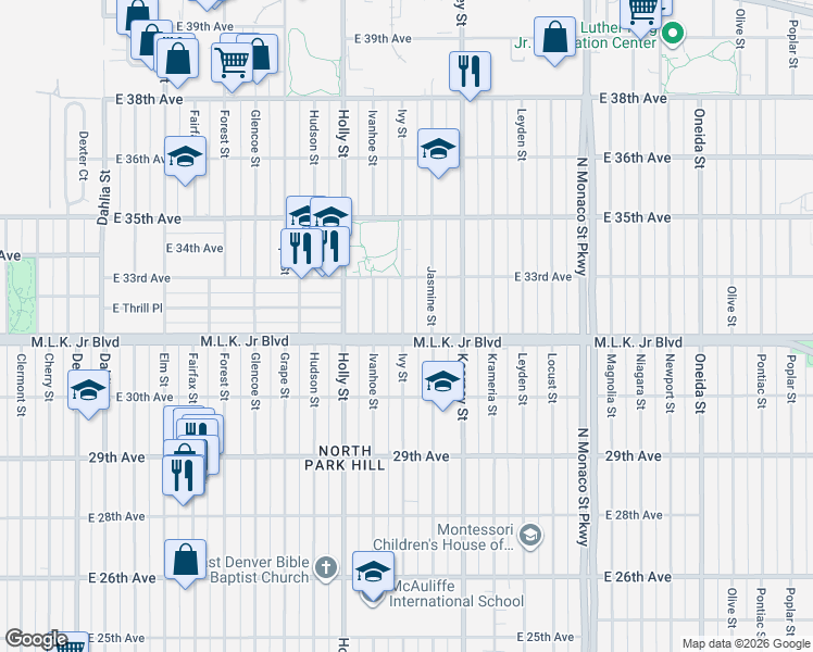 map of restaurants, bars, coffee shops, grocery stores, and more near in Denver