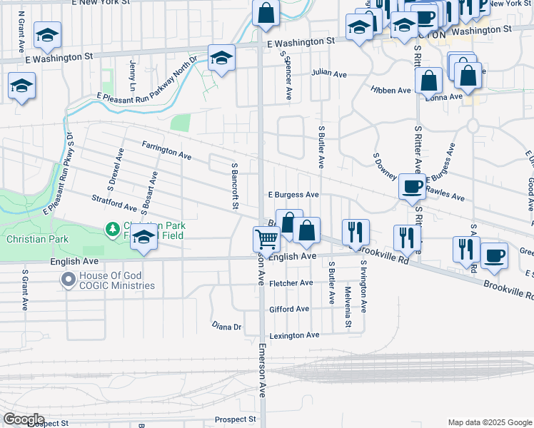 map of restaurants, bars, coffee shops, grocery stores, and more near 369 South Grand Avenue in Indianapolis