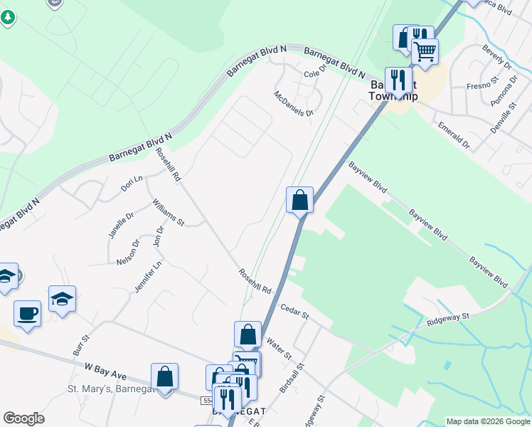 map of restaurants, bars, coffee shops, grocery stores, and more near 296 Hawthorne Lane in Barnegat Township
