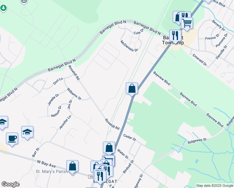 map of restaurants, bars, coffee shops, grocery stores, and more near 296 Hawthorne Lane in Barnegat Township