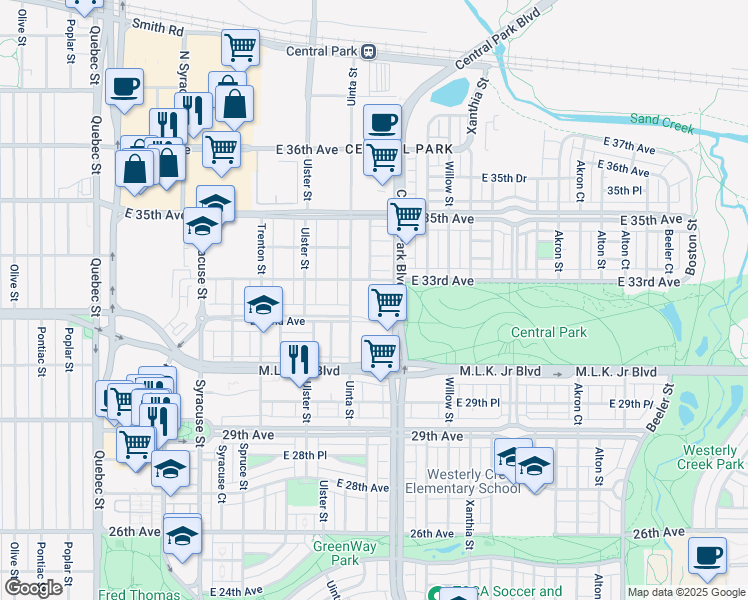 map of restaurants, bars, coffee shops, grocery stores, and more near 8355 East 32nd Avenue in Denver