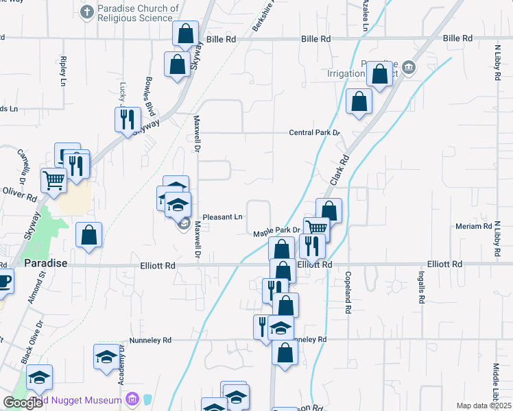 map of restaurants, bars, coffee shops, grocery stores, and more near 1019 Maple Park Drive in Paradise