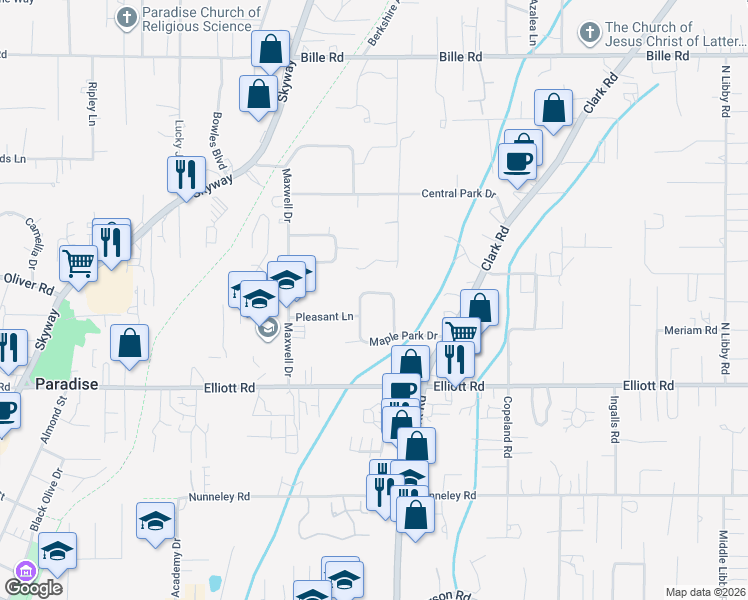 map of restaurants, bars, coffee shops, grocery stores, and more near 1019 Maple Park Drive in Paradise