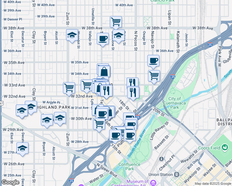 map of restaurants, bars, coffee shops, grocery stores, and more near 1845 West 32nd Avenue in Denver