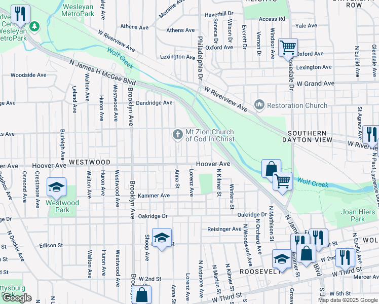 map of restaurants, bars, coffee shops, grocery stores, and more near 515 Evergreen Avenue in Dayton